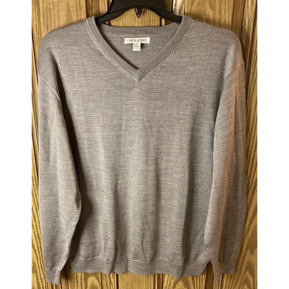 Linea Uomo Men’s Pullover Sweater Large Wool Blend Gray Knit Long‎ Sleeves